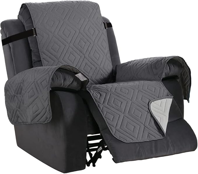 H.VERSAILTEX Reversible Quilted Recliner Covers Water Resistant Furniture Protector for Reclienr Chair with Elastic Straps for Pets Kids Sitting Width Up to 28"(Oversized Recliner, Gray/Beige)