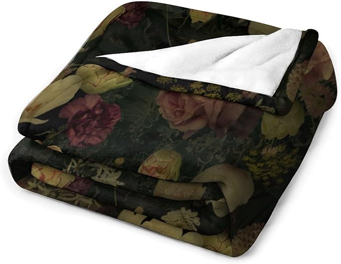 Black Floral Blanket, Rustic Watercolor Botanical Rose Peony Vintage Leaves Plant Boho Gothic Print Throw Blankets for Bed Living Room Bedding Couch Soft Decor, 40"x50"