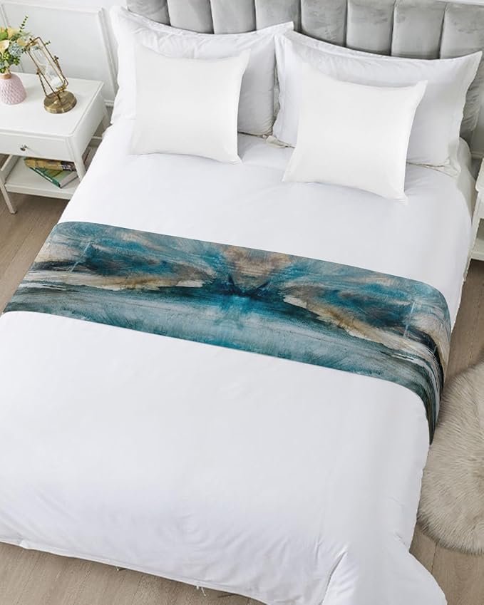 Abstract Mottled Turquoise Green Gray Art Bed Runners for Bedroom Hotel,Decorative Bedding Scarf Retro Painting Bed End Blanket Bedding Runner Scarves for Queen Size Bed,94x20in