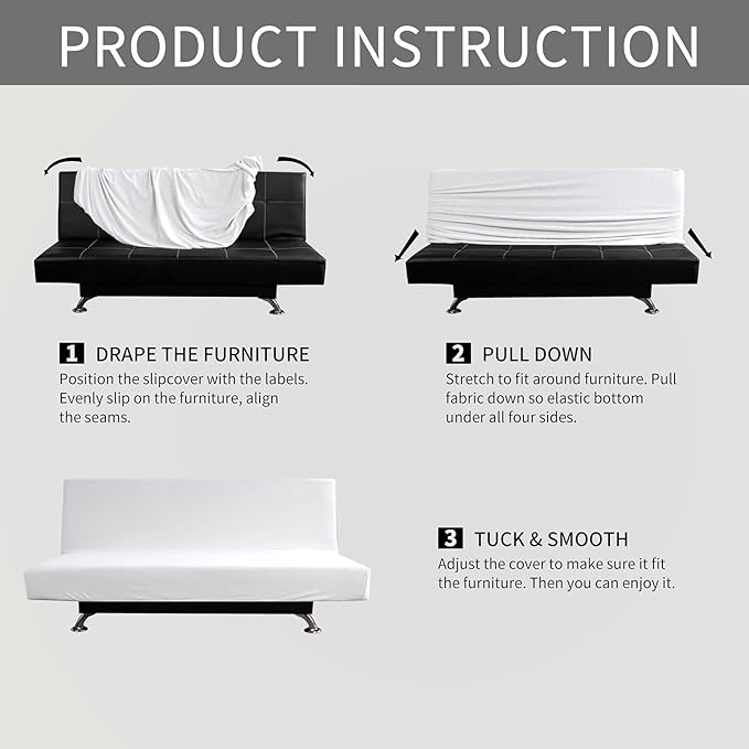 Easy-Going Stretch Futon Slipcover Armless Futon Bed Cover Furniture Protector Without Armrests with Elastic Bottom for Kids, Soft Jacquard Fabric Small Checks (Medium, Snow White)