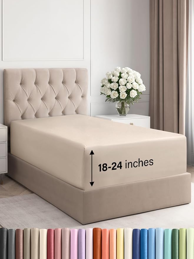Extra Deep Twin XL Fitted Sheet - Hotel Luxury Single Fitted Sheet Only - Easily Fits 18 inch to 24 inch Mattress - Ultra Soft, Wrinkle & Fade Free w/Extra Deep Pockets - Breathable & Comfy - Wheat