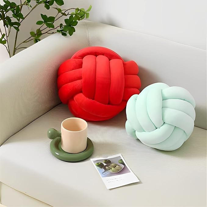Knot Ball Pillows, Round Throw Pillow Cushion Home Decoration Soft Plush Pillow, Throw Knotted Ball Pillow Handmade Children Room Decoration Round Plush Toy Pillow (Red,8.5"/22cm)