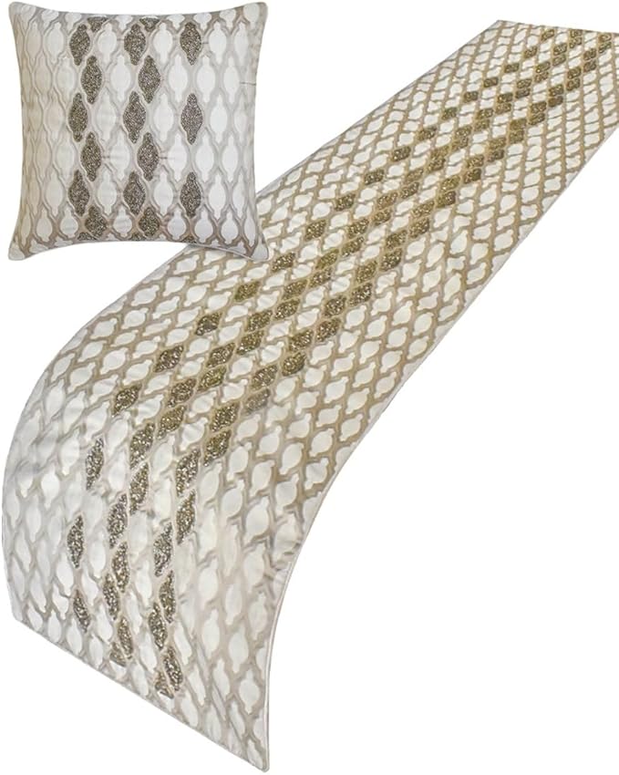 The HomeCentric King/Queen/Twin Ivory Decorative CA King 86"x18" Bed Runner with One Pillow Cover, Bead Hand Embroidery Bed Scarf on Jacquard Fabric - Priscilla Dazzle