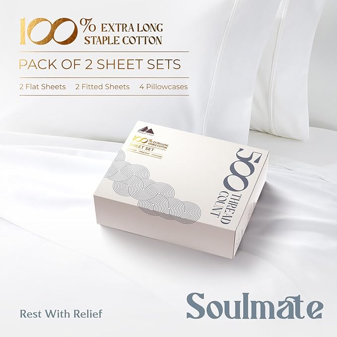 Mayfair Linen 100% Egyptian Cotton 2 Pack King Sheet Set - Luxury 500 Thread Count Cotton Sheets King Size (8 PC, White), Soft, Cooling, Sateen Weave, 16" Deep Pocket Hotel Quality Bed Sheet Set