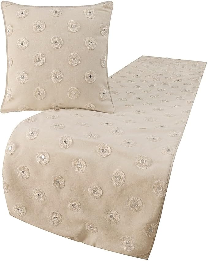 The HomeCentric King Queen Twin White Decorative CA King 86"x18" Bed Runner with 2 Pillow Cover, Mirror Embroidery Bed Scarf on Cotton Fabric - Mirror Lover