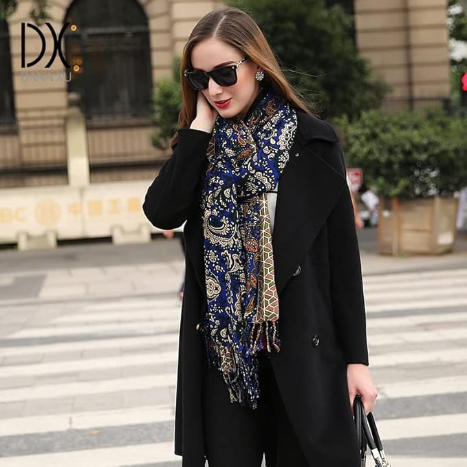 DANA XU 100% Merino Wool Pashmina Shawl for Women 96"x43", Oversized Cashmere Wrap with Tassels, Floral Travel Blanket Cape