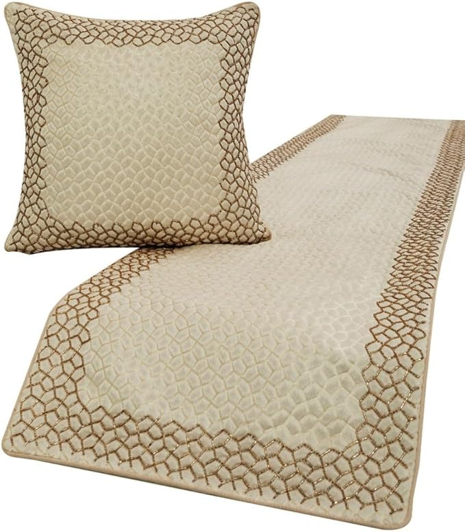 The HomeCentric King/Queen/Twin Ivory & Gold Designer Twin 53"x18" Bed Runner Without Pillow Cover, Mosaic & Beaded Bed Scarf on Jacquard Fabric - Tessellation
