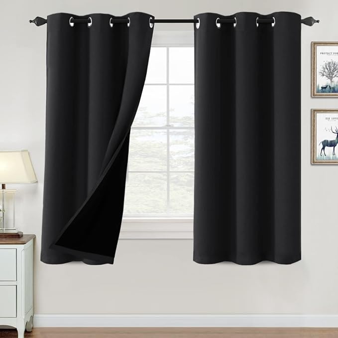 H.VERSAILTEX 100% Blackout Curtains for Bedroom Thermal Insulated Blackout Curtains 63 inch Length Heat and Full Light Blocking Curtains for Living Room with Black Liner 2 Panels Set, Jet Black