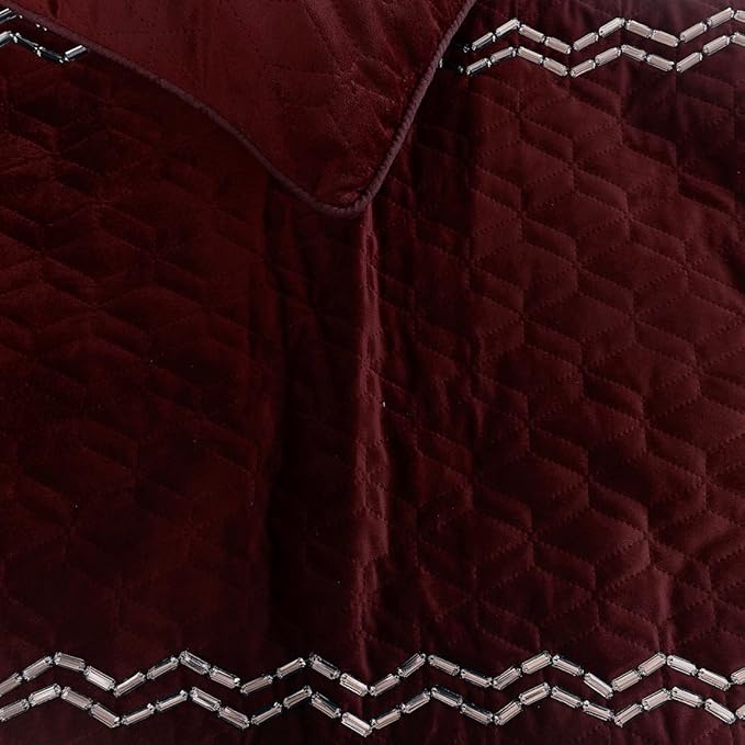 The HomeCentric King Queen Twin Deep Wine Decorative King 90"x18" Bed Runner with Pillow Cover, Quilted & Crystals Bed Scarf on Velvet Fabric - Diamond Symphony