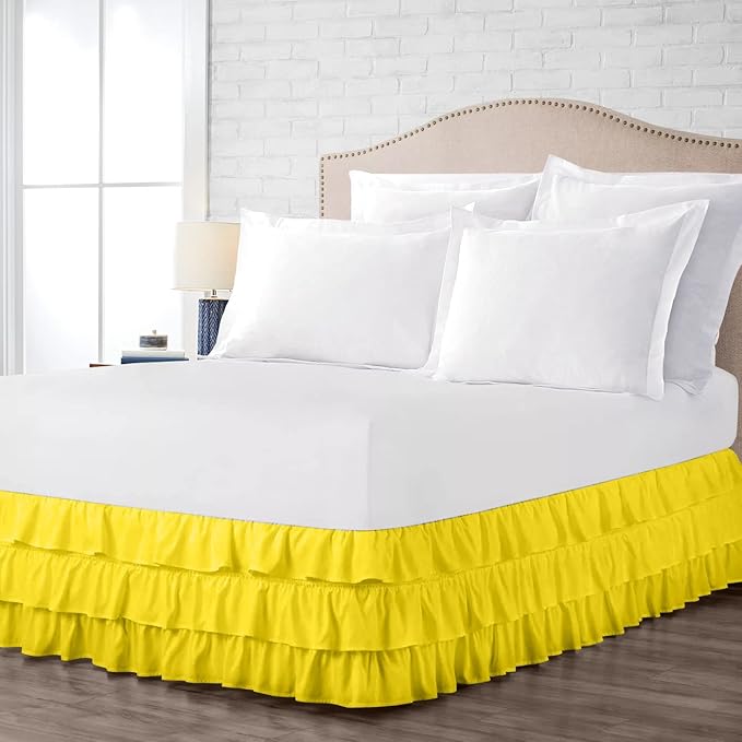 Multi-Ruffle Bed Skirt, Soft Multi Ruffle Bed Skirt Elastic Dust Ruffles with Wrap Around Bed Skirt Easy Fit with 18 Inch Drop 100% Cotton 800 Thread Count Bed Skirt (California King, Yellow)
