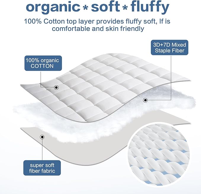 LEISURE TOWN Mattress Pad Twin Size Soft Cotton Mattress Cover,Quilted Fitted Mattress Topper with Deep Pocket fits 8-21 inch Mattress,Breathable Fluffy Pillow Top,Cooling Mattress Protector,White