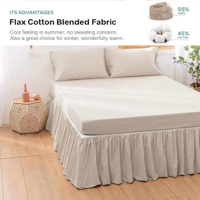 BISELINA French Linen Bed Skirt with Pleated Frills 14-Inch Tailored Drop Natural Flax Cotton Blend Dust Ruffle Soft Cozy Farmhouse Bedding (14" King, Linen)