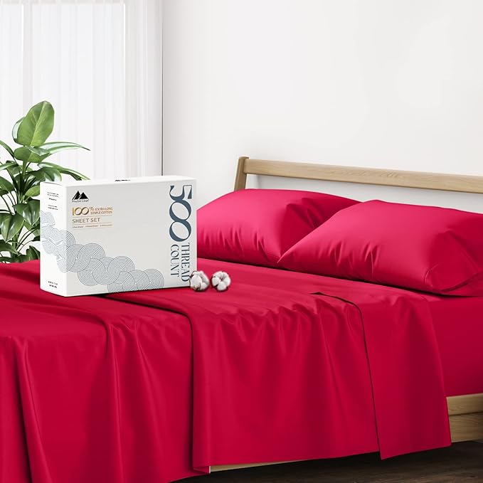 Mayfair Linen 500 Thread Count Full Cotton Sheets - 4 PC Full Size Bed Sheet Set Cotton (Red), Soft, Cooling, Sateen Hotel-Quality 16" Deep Pocket Bedsheet for Hot Sleepers (Fits 18" Mattress)