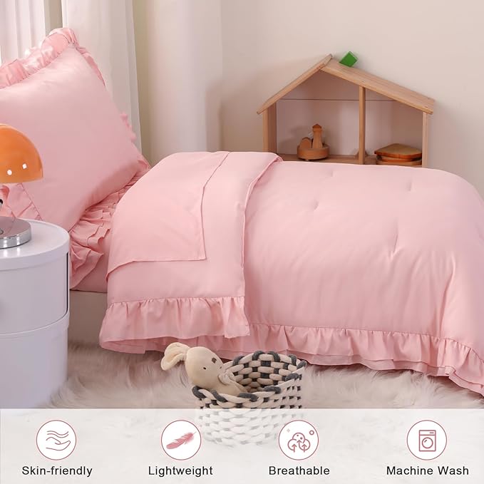 Wowelife Pink Toddler Bedding Set for Girls Toddler Bedding 4 Pieces Boho Tufted Comforter with Ruffles Design Toddler Girl Bed Set with Comforter, Fitted Sheet, Flat Sheet and Pillowcase