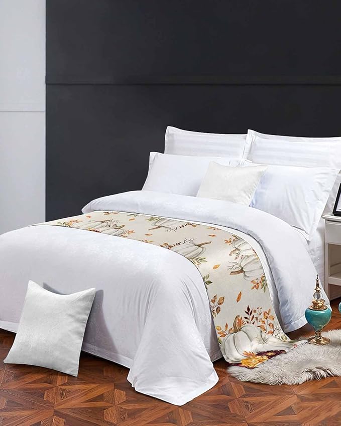 Thanksgiving Pumpkin Fall Maple Leaf Watercolor Bed Runners for Bedroom Hotel,Decorative Bedding Scarf Retro Linen Bed End Blanket Bedding Runner Scarves for Twin Size Beds,71x20in