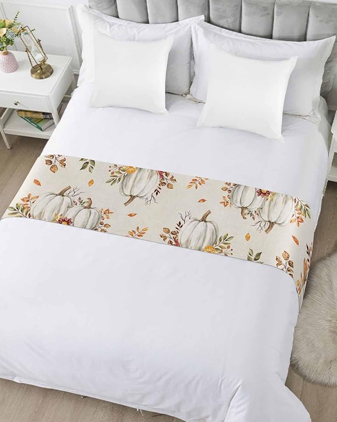 Thanksgiving Pumpkin Fall Maple Leaf Watercolor Bed Runners for Bedroom Hotel,Decorative Bedding Scarf Retro Linen Bed End Blanket Bedding Runner Scarves for Full Size Beds,83x20in