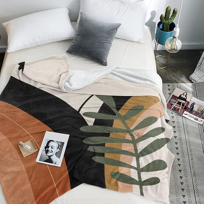 Boho Mid Century Blankets Black Geometric Throws Beige Abstract Modern Throw Blanket Minimalist Sun Soft Warm Bed Bedding Blankets for Couch Bedroom Sofa Office Cozy Flannel Blanket 30"X40"