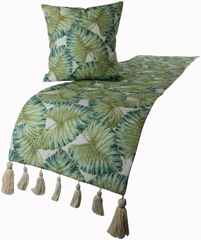 The HomeCentric Decorative Designer Handmade Bed Runner with 2 Decorative Throw Pillow Cover, 86 x 18 Inch Designer CA King Size Bed Scarf in Printed Linen & Embroidery Bed Linen - Tropical Feeling