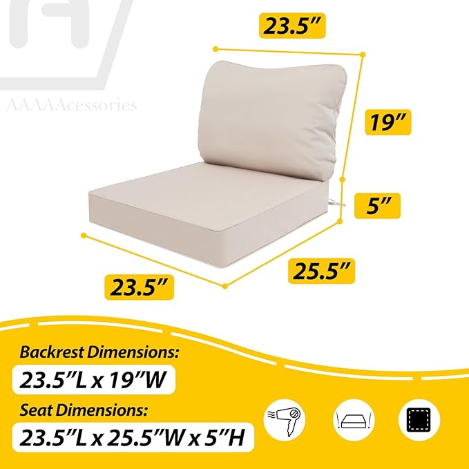 AAAAAcessories Outdoor Deep Seat Cushions, Waterproof, Fade-Resistant Patio Furniture Replacement Cushions, 23.5" x 25.5" x 5" + 23.5" x 19", Set of 4, Khaki Beige