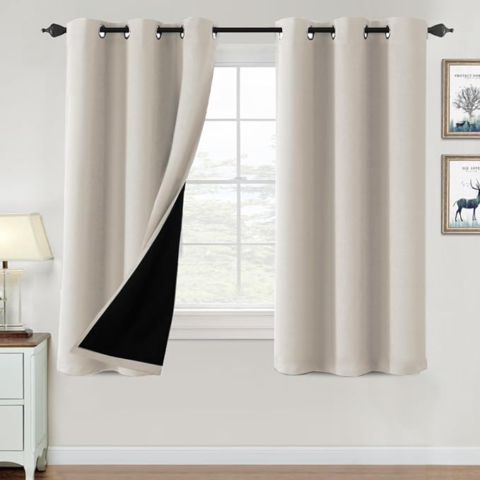 H.VERSAILTEX 100% Blackout Curtains for Bedroom Thermal Insulated Blackout Curtains Heat and Full Light Blocking Curtains for Living Room with Black Liner 2 Panels Set, 42 x 63 Inch, Fog