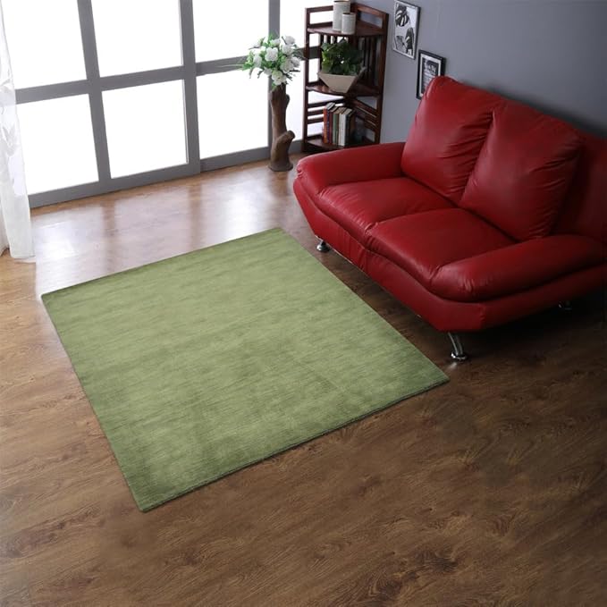 Hand Knotted Loom Wool ECO-Friendly Area Rugs - 10'x10', Square, Green Color, Solid Plain Design, High Pile Thick Handmade Anti Skid Area Rugs for Living Room, Bed Room (L00111)