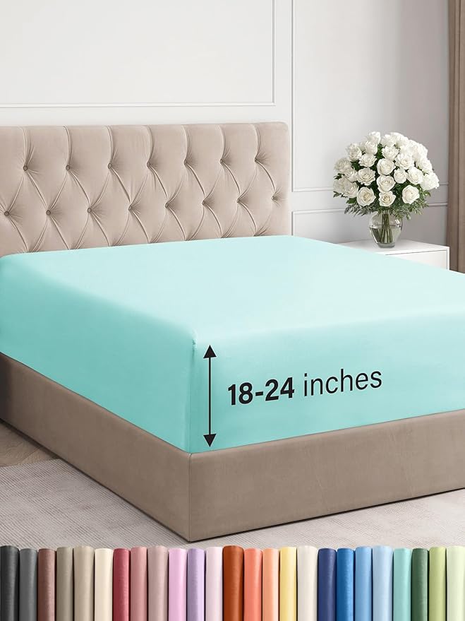 Extra Deep Full Fitted Sheet - Hotel Luxury Single Fitted Sheet Only - Easily Fits 18 inch to 24 inch Mattress - Ultra Soft, Wrinkle & Fade Free w/Extra Deep Pockets - Breathable & Comfy - Spa Blue