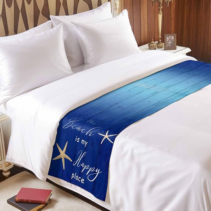 Happy Beach Place Marine Starfish Bed Runner for Bedroom Hotel, Decorative Bedding Scarf Gradient Blue Wood Grain End Blanket Runner for California King Size, 102x20in