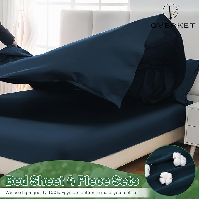 1000 Thread Count Egyptian Cotton Sheets Queen Size Set 4PCS Sateen Weave Soft Breathable 16-Inch Deep Pocket（Queen,Navy）