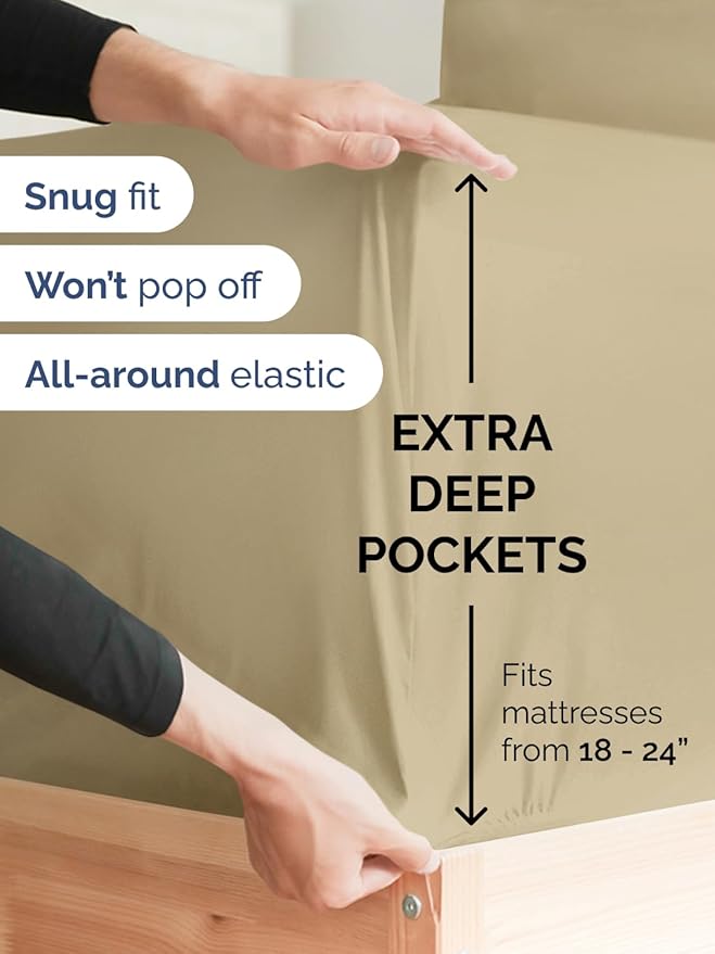 Extra Deep Pocket King Sheets - 4 Piece Breathable & Cooling Bed Sheets - Hotel Luxury Bed Sheet Set - Soft, Wrinkle Free & Comfy - Easily Fits Extra Deep Mattresses - Deep Pocket Beige Sheets Set