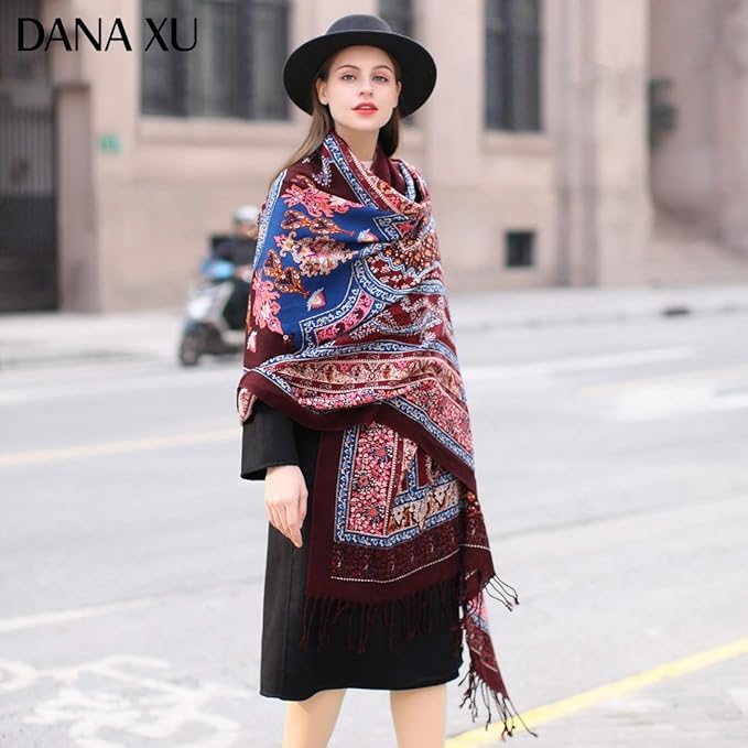 DANA XU 100% Merino Wool Extra Large Pashmina Blanket Travel Scarf Cashmere Wrap for Women Fall Winter Oversize Shawl Floral