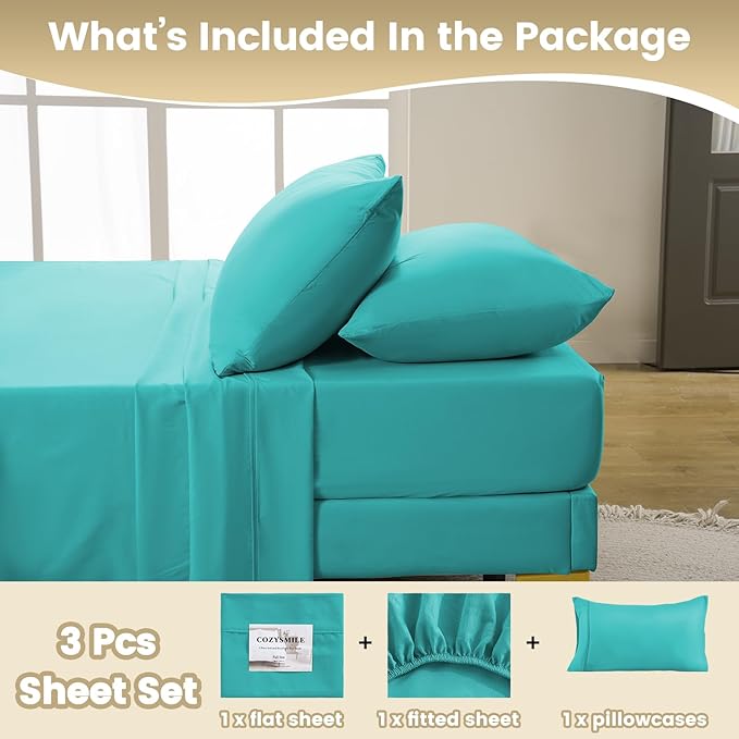 Silky Soft Twin XL Sheet Set - Luxury 3 Piece Breathable Cooling Microfiber Sheets, 16" Deep Pocket Easy Care Wrinkle Free Bedding Sheet and Pillowcase Set, Turquoise