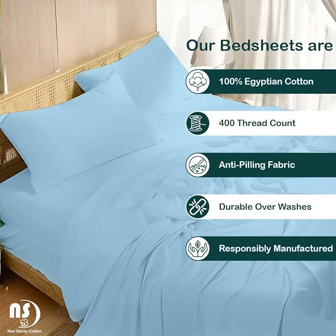 NON Sticky cotton Twin Size Sleeper Sofa Sheets, 4 Piece Egyptian Cotton Bed Sheet Set for Sofa Bed, 7" Deep Pocket for Pull Out Couch Mattress, 39" x 75", Light Blue Solid, Soft & Breathable