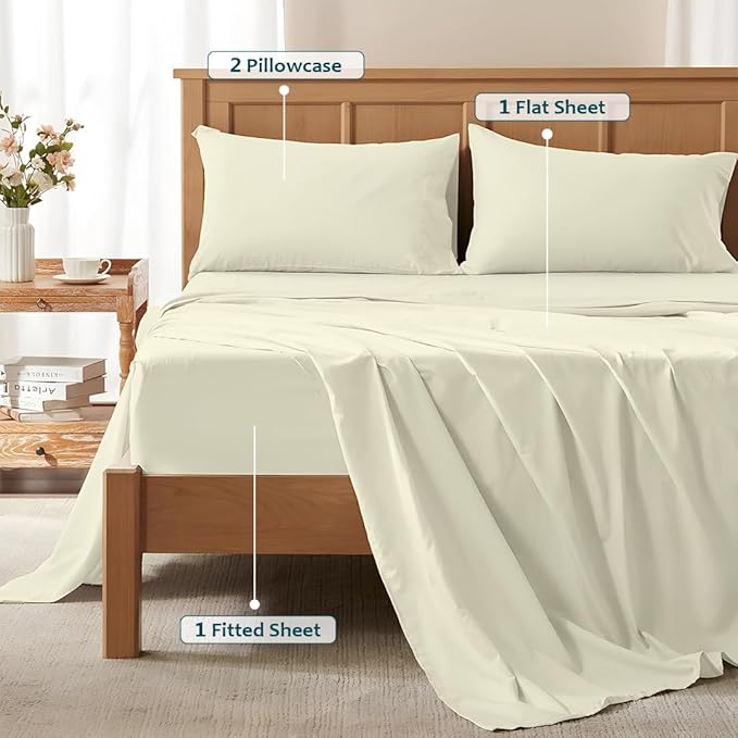 Shreem Linen XL Twin Sheets Set - Luxury 338 Thread Count 100% Egyptian Cotton Sateen, Twin XL Sheet Set with All Around Elastic for a, Hotel Quality Bedding (Ivory Solid)