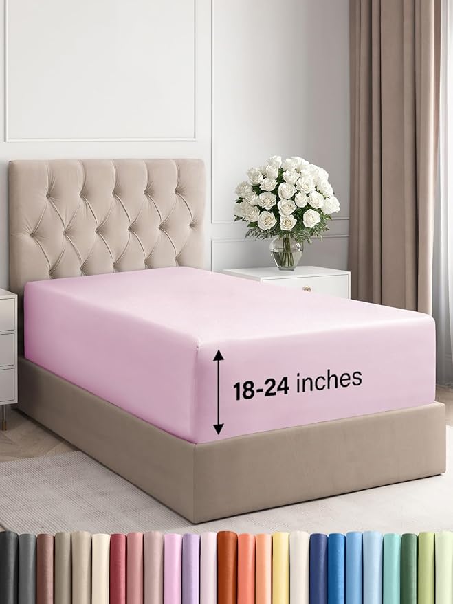 Extra Deep Twin XL Fitted Sheet - Hotel Luxury Single Fitted Sheet Only - Easily Fits 18 inch to 24 inch Mattress - Ultra Soft, Wrinkle Free with Extra Deep Pockets - Breathable & Comfy - Light Pink