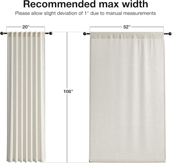 Anmao Natural Linen Curtains for Living Room 108 Inch Length 2 Panels Set, Light Filtering Semi Sheer Window Curtain Drapes for Bedroom with Curtain Rings and Clips, 52 Inch Wide Each Panel, Ecru
