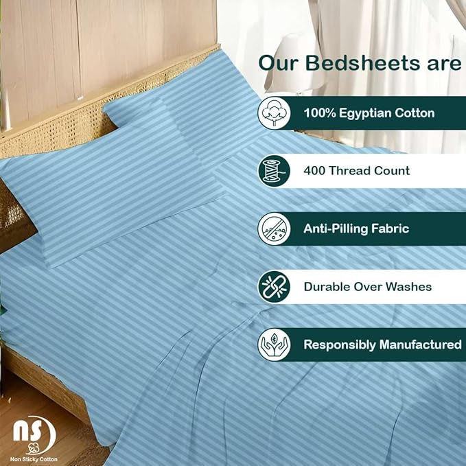 NON Sticky cotton Twin Size Sleeper Sofa Sheets, 4 Piece Egyptian Cotton Bed Sheet Set for Sofa Bed, 10" Deep Pocket for Pull Out Couch Mattress, 39" x 75", Light Blue Stripe, Soft & Breathable