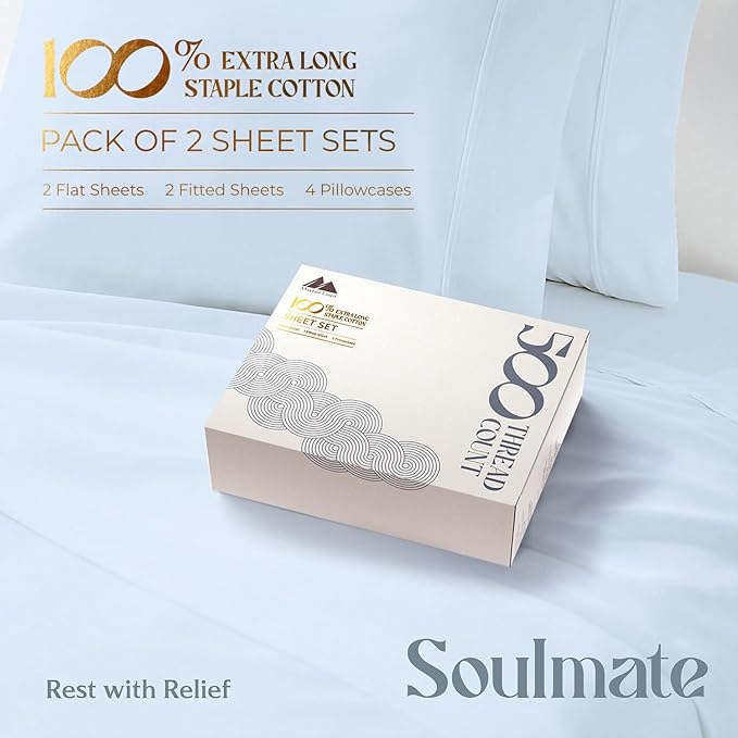 Mayfair Linen 100% Egyptian Cotton 2 Pack Queen Sheet Set - Luxury 500 Thread Count Cotton Sheets Queen Size (8 PC, Light Blue), Soft, Cooling, Sateen Weave, 16" Deep Pocket Hotel Quality Bed Sheet