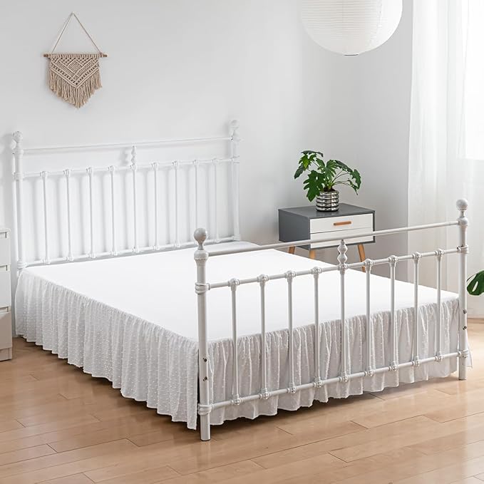 Tufted Dot Bed Skirt Full Size Ruffled Bed Skirt with Split Corners, 16 Inch Drop Dust Ruffle Bed Skirts with Platform, White