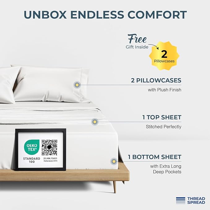 THREAD SPREAD 100% Egyptian Cotton Sheets Queen Size - 1500 Thread Count 4 PC Queen Sheet Set Egyptian Cotton, Sateen Weave Luxury Sheets Queen Size, High Thread Count Sheets, 17" Deep Pocket - White