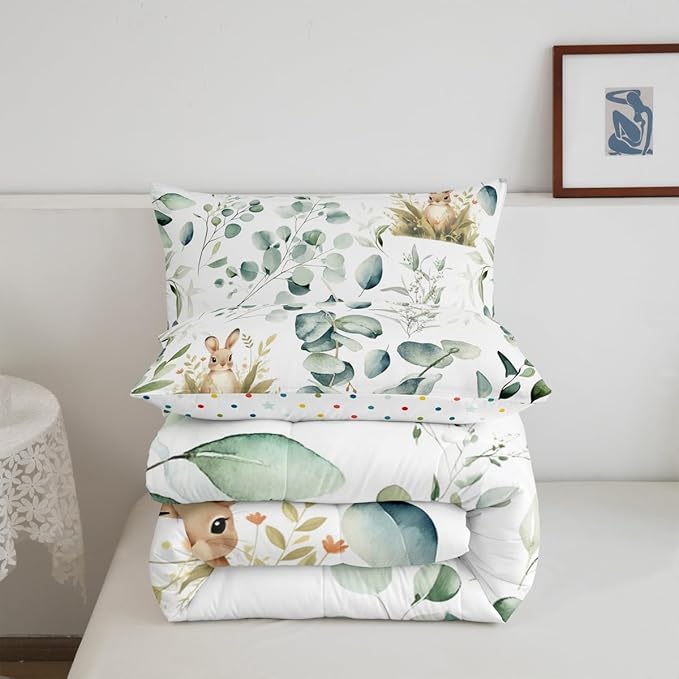 Erosebridal Girls Kawaii Animal Bedding King Size Cute Rabbit Comforter Set King, Cartoon Wildlife Duvet Insert Green Leaf Quilt Set, Spring Plant Bedding Comforters & Sets Child Kids Bedroom Decor
