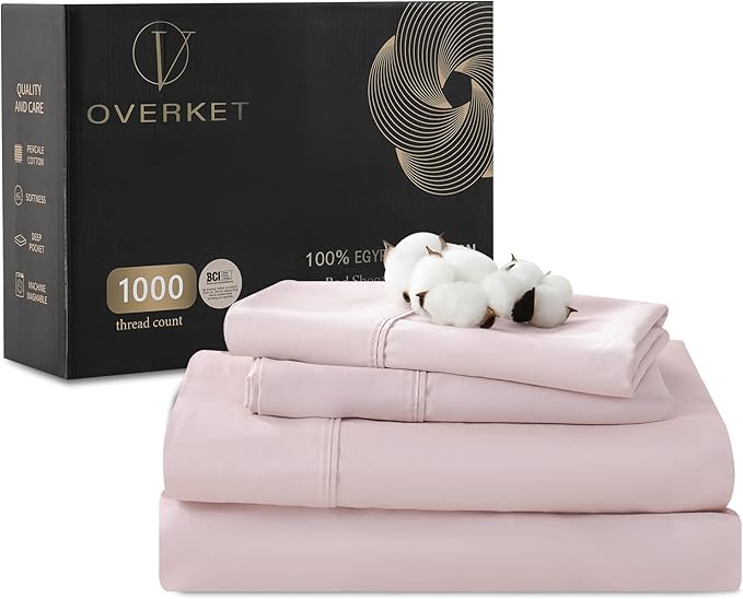 1000 Thread Count Egyptian Cotton Sheets Queen Size Set Sateen Weave Soft Breathable 16-Inch Deep Pocket 4PCS（Queen,Light Pink）