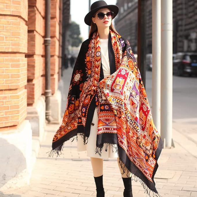 DANA XU 100% Merino Wool Pashmina Shawl for Women 96"x43", Oversized Cashmere Wrap with Tassels, Floral Travel Blanket Cape