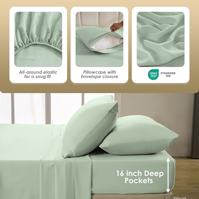 California King Size Sheet Set - Luxury 4 Piece Breathable Soft Sheets for King Size Bed, 16" Deep Pocket Wrinkle Free Cooling Bedding Sheet and Pillowcase Set Cal King Size, Sage Green