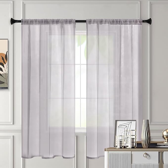 Sheer Curtains 63 Inches Long 2 Panels, Rod Pocket Short Curtain for Kitchen, Bedroom, Cafe Window(Light Grey 38" W x 63" L)
