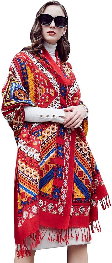 DANA XU 100% Merino Wool Pashmina Shawl for Women 96"x43", Oversized Cashmere Wrap with Tassels, Floral Travel Blanket Cape