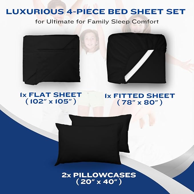 DREAMCARE Twin Sheets - Cooling Bed Sheets - 4pc Set - up to 15" Deep Pocket - Soft & Long Lasting 100% Fine Brushed Polyester with Side Pocket - Black