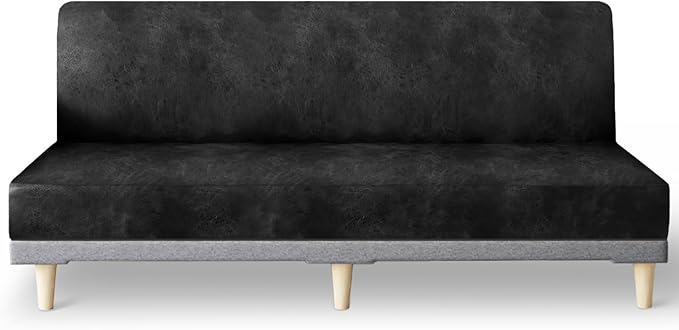molasofa Leather Like Stretch Futon Slipcover Armless Futon Bed Sofa Cover Furniture Protector with Elastic Bottom, Soft and Washable Futon Cover for Sofa Bed Stay in Place（Larger，Dark Grey）