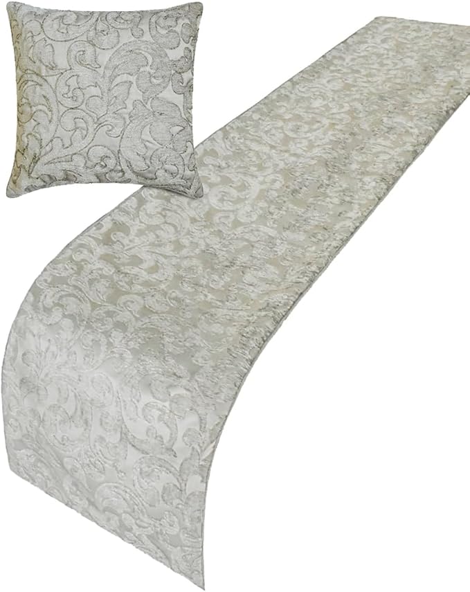The HomeCentric King/Queen/Twin Silver Luxury King 90"x18" Bed Runner with Two Pillow Cover, Abstract, Floral, Bead Hand Embroidery Bed Scarf on Jacquard Fabric - Ethereal Silver