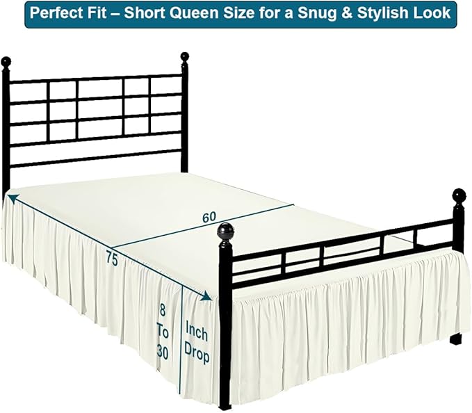 Shreem Linen Ruffled Bed Skirt with Split Corners, Gathered Style, 100% Microfiber, 30-Inch Drop, Dust Ruffle Bedskirt with Platform, Short Queen, Ivory