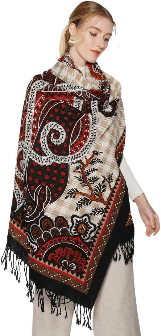 DANA XU 100% Merino Wool Pashmina Shawl for Women 96"x43", Oversized Cashmere Wrap with Tassels, Floral Travel Blanket Cape